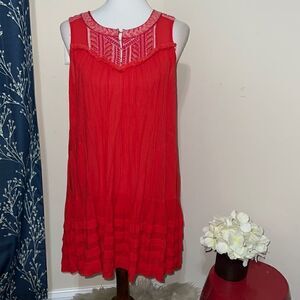 Free People City Limits Dress Red Embroidered Sleeveless Pockets sz S Small Boho